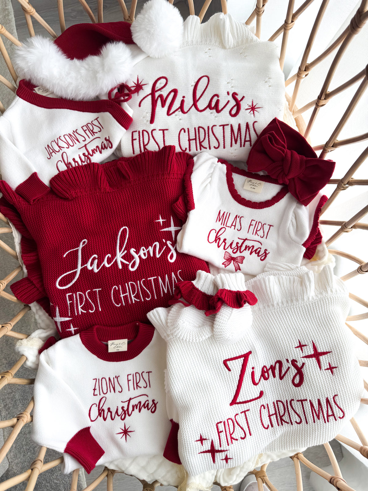Red frill personalised first Christmas blanket