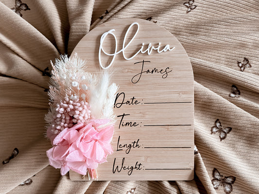 Arch writeable birth announcement pink and white florals