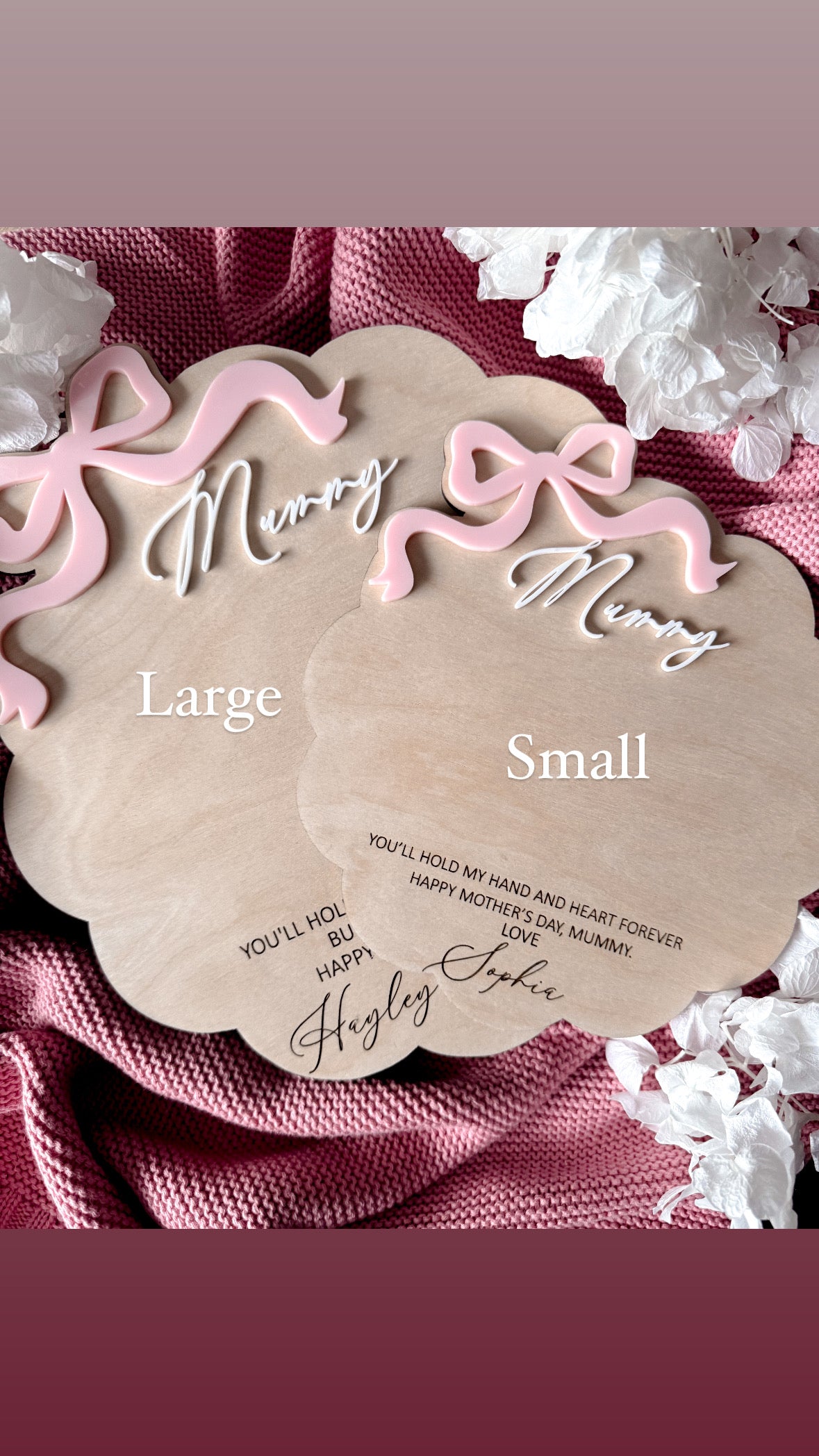 Bow scallop edge standing hand print display Mother’s Day sign large version