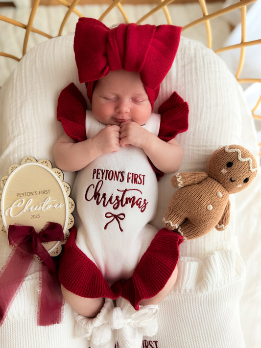 First Christmas white with red frill personalised romper