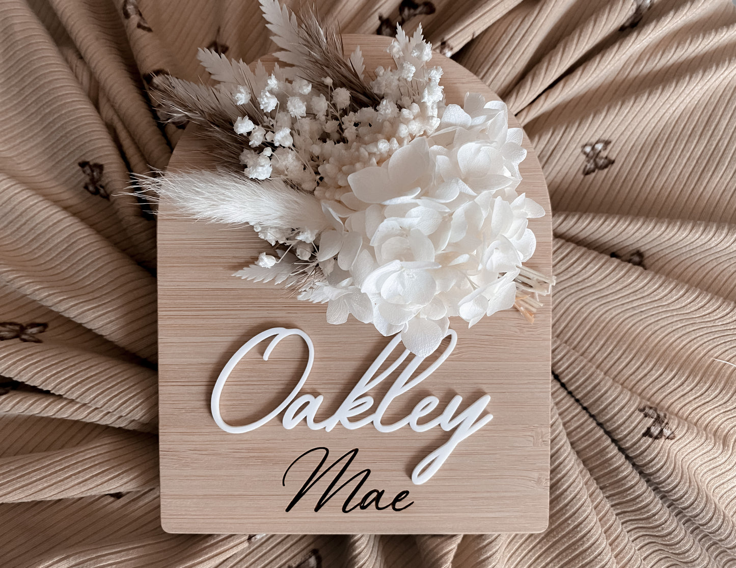 White and neutral dried flower birth announcement sign