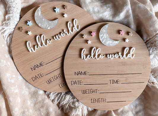 Moon and coloured stars writeable birth announcement