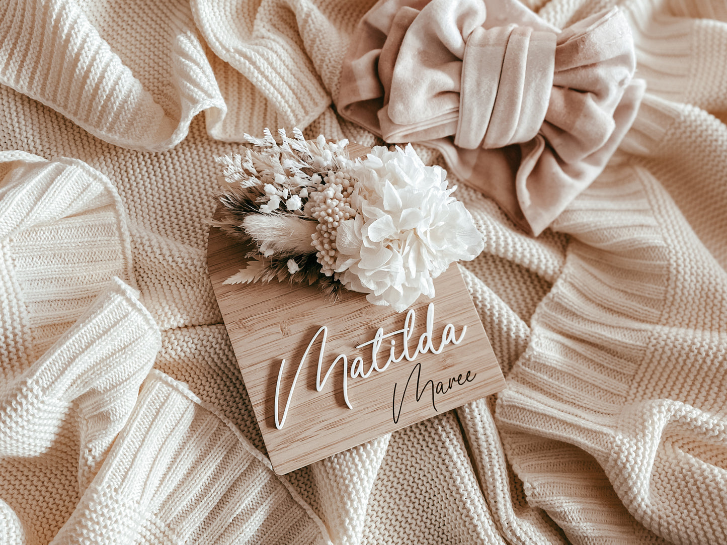 White and neutral dried flower birth announcement sign