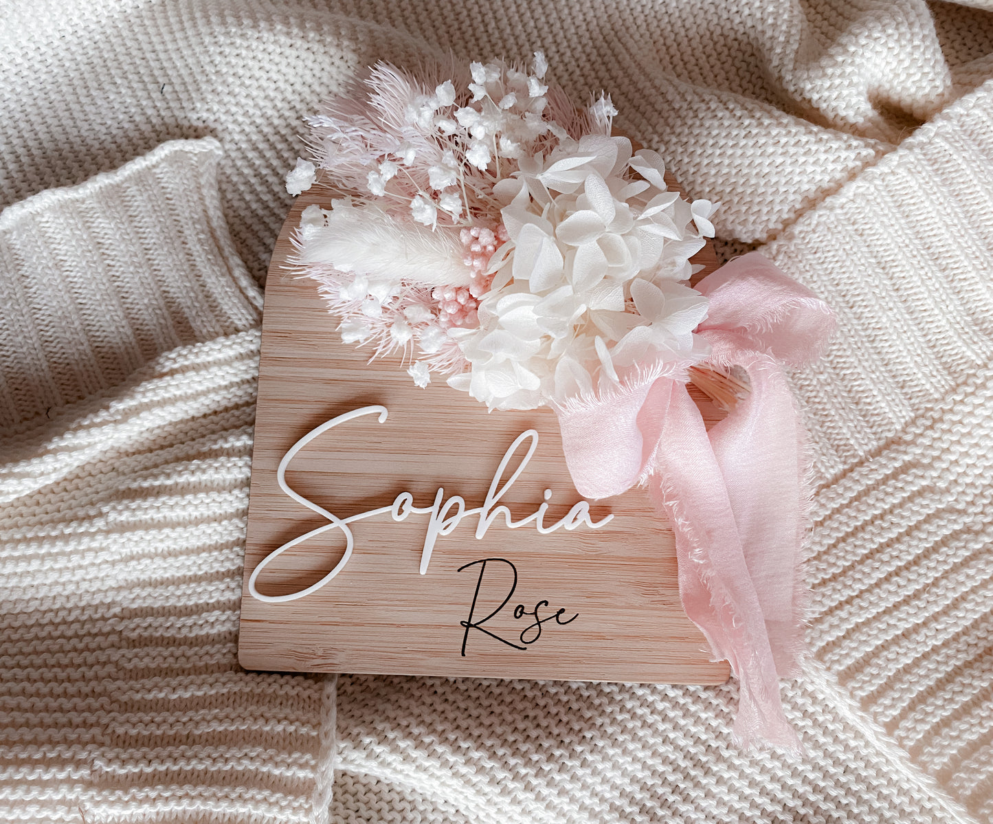 Wooden arch dried flower announcement sign with ribbon