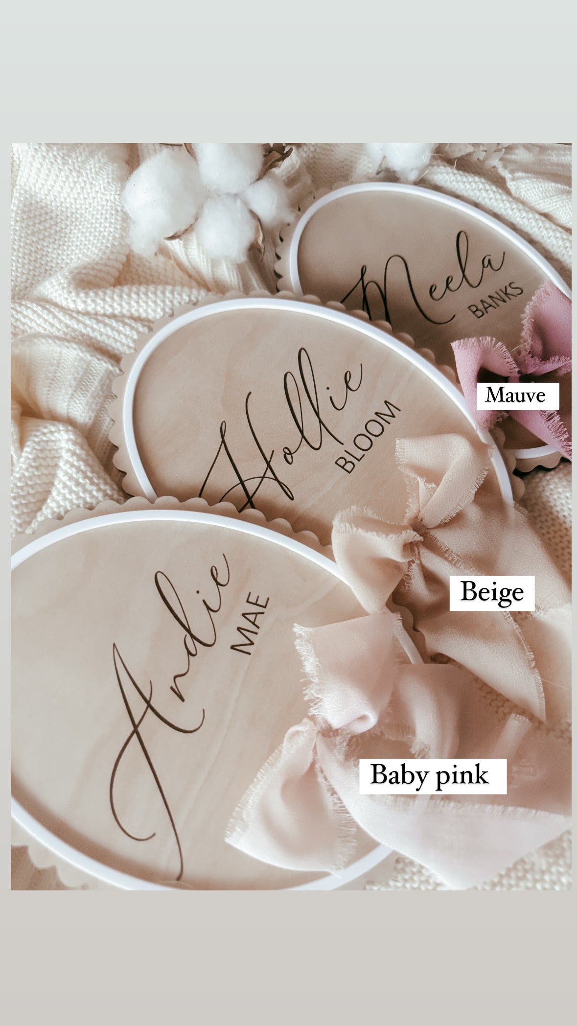 Scallop edge birth announcement sign with ribbon