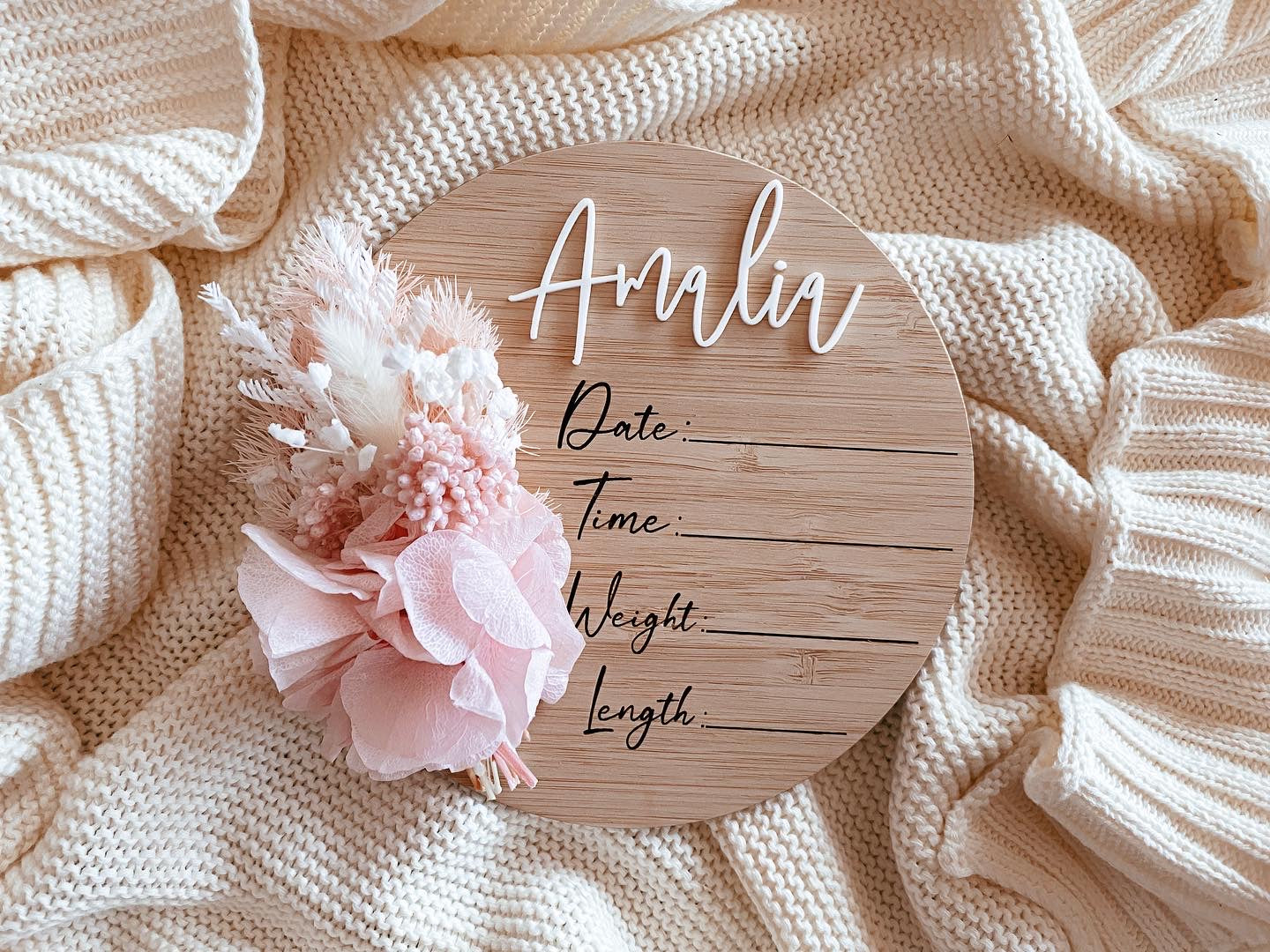 Dried flower personalised writeable birth announcement sign