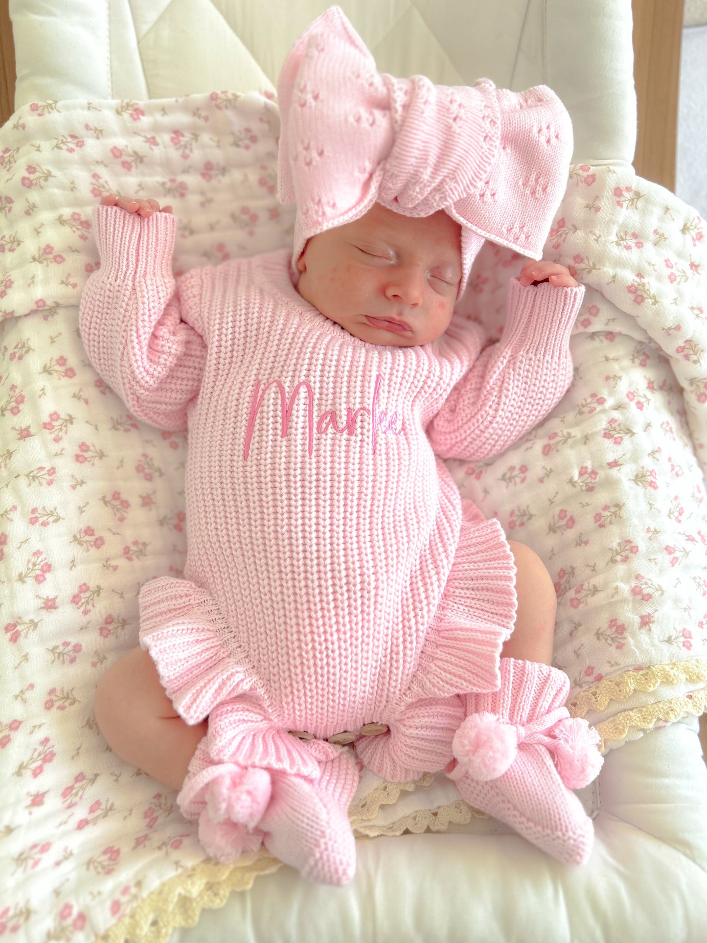 Pink newborn knit frill personalised announcement romper
