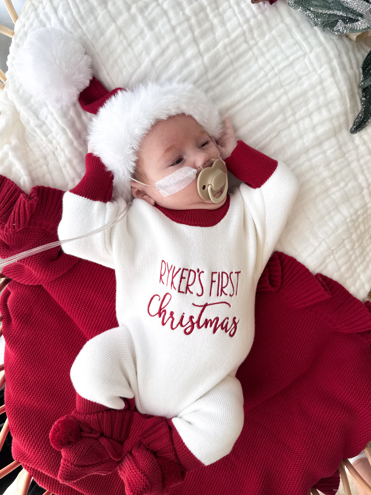 My first Christmas personalised long leg red trim romper