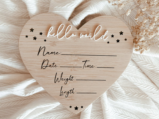 Hello world wooden heart birth announcement sign