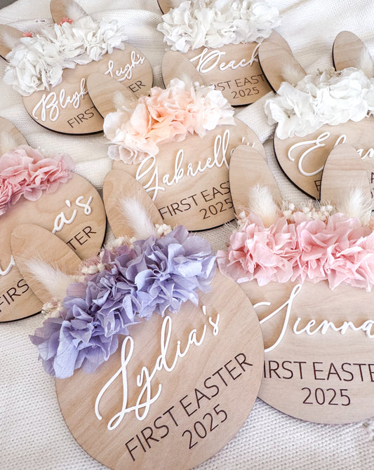 First Easter bunny sign with dried flowers