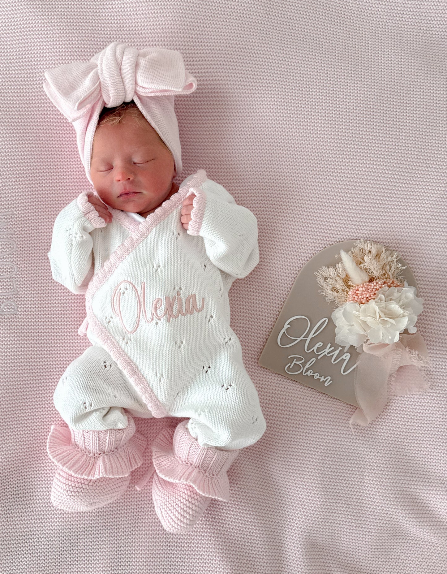 White with pink scallop kimono baby announcement romper