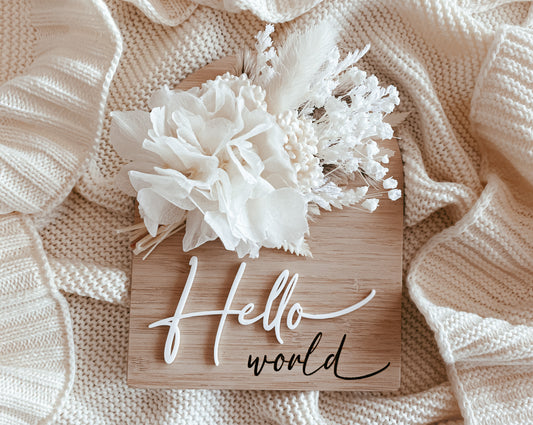 Hello world arch dried floral birth announcement