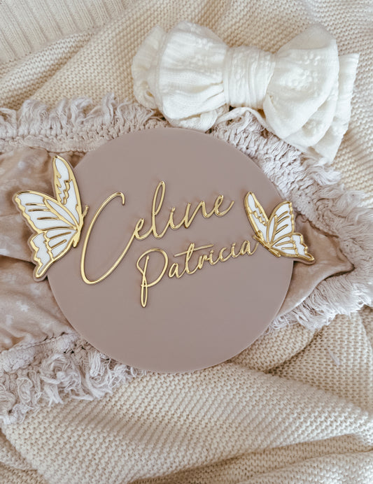 Butterfly latte and gold birth announcement sign