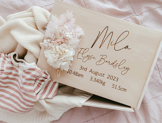 Dried floral birth detail keepsake box