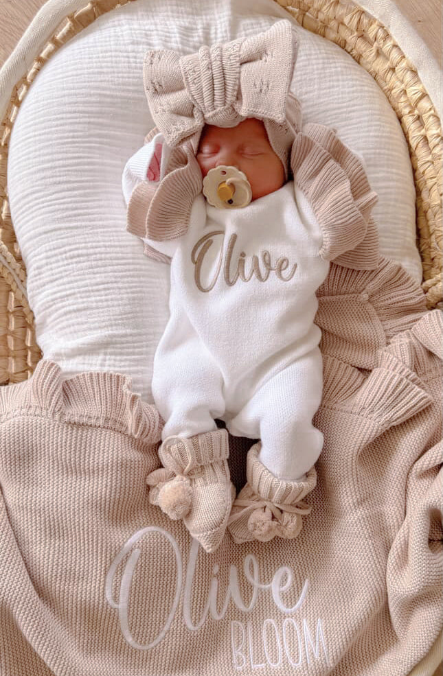 White with beige frill personalised baby romper