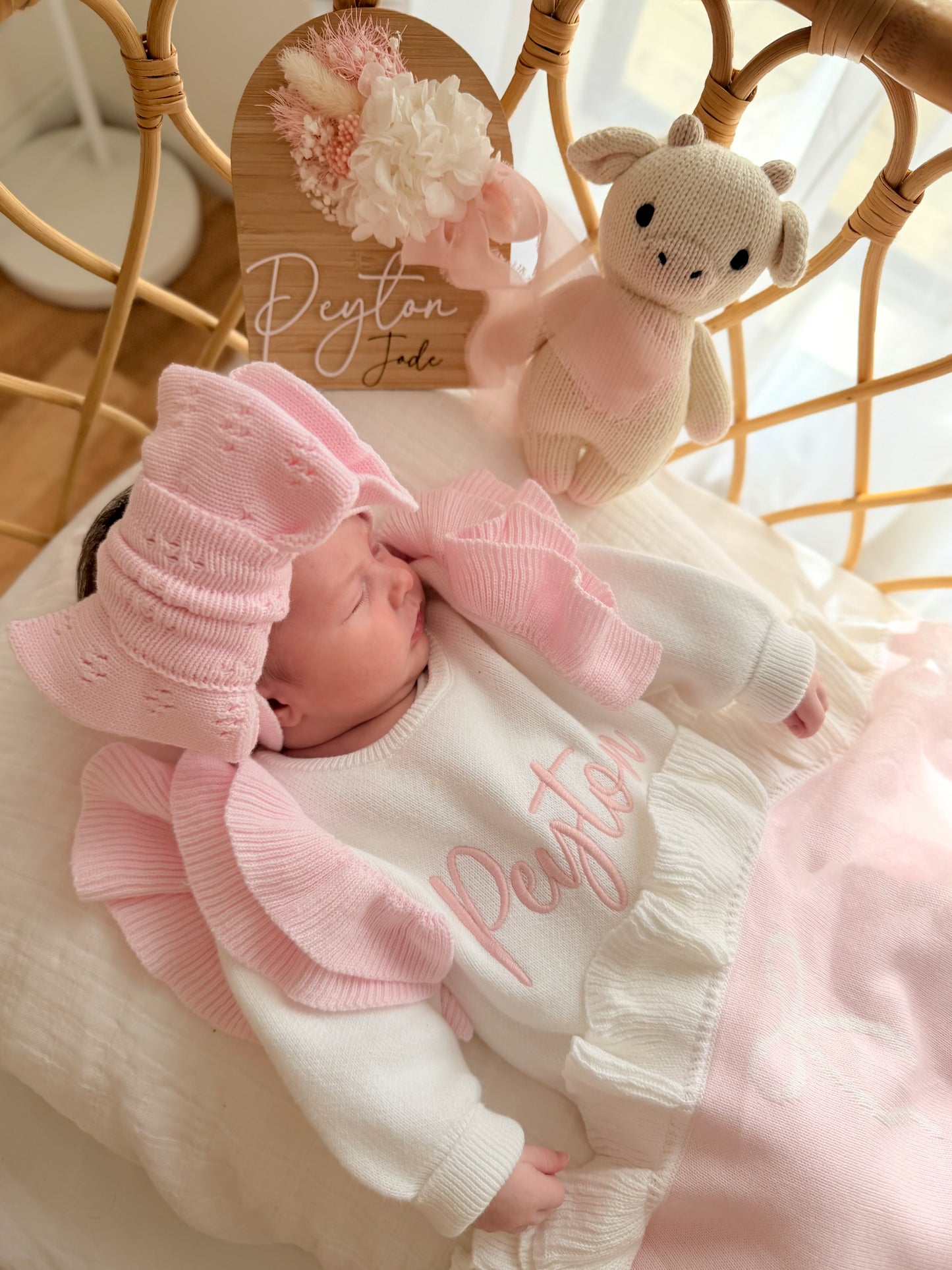White and pink frill personalised baby romper