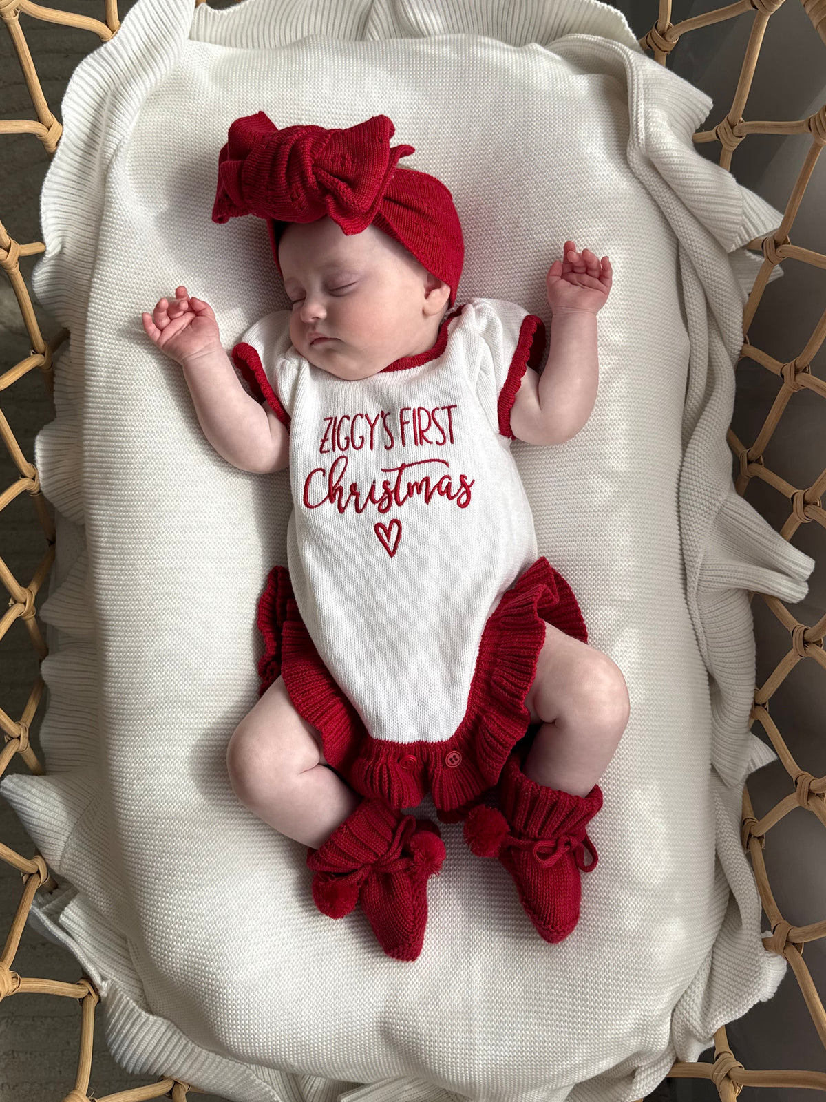 White and red first Christmas personalised baby girl romper