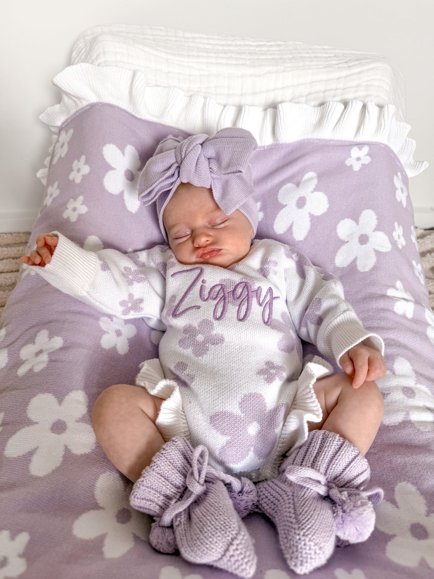 Purple and white floral frill leg romper