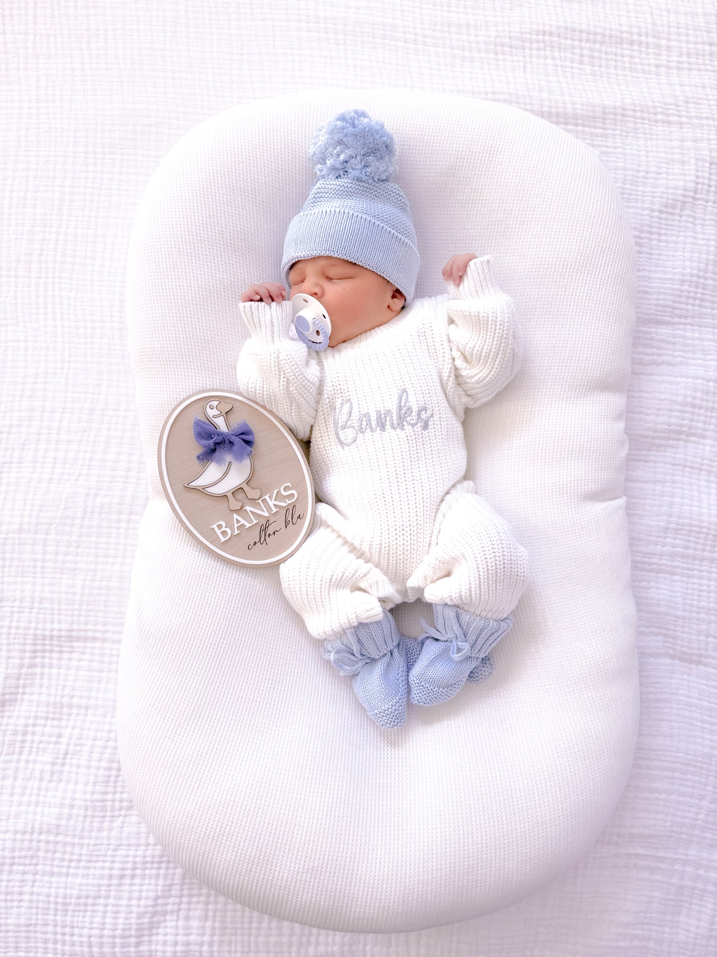 Dusty blue soft knit pompom baby booties