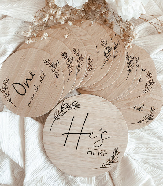 He’s here wooden birth announcement sign and milestone pack