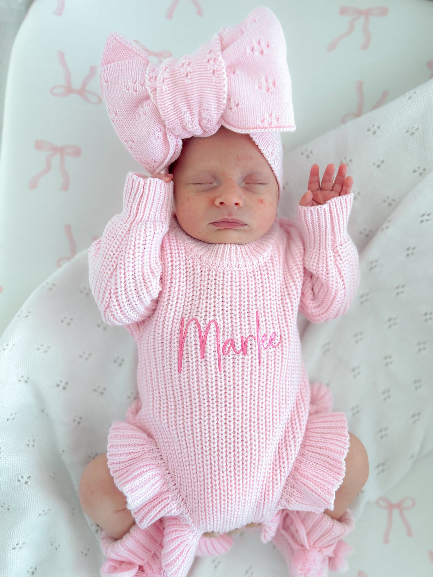 Pink newborn knit frill personalised announcement romper