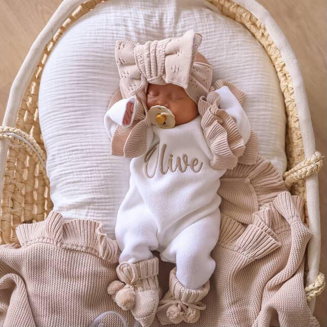 White with beige frill personalised baby romper