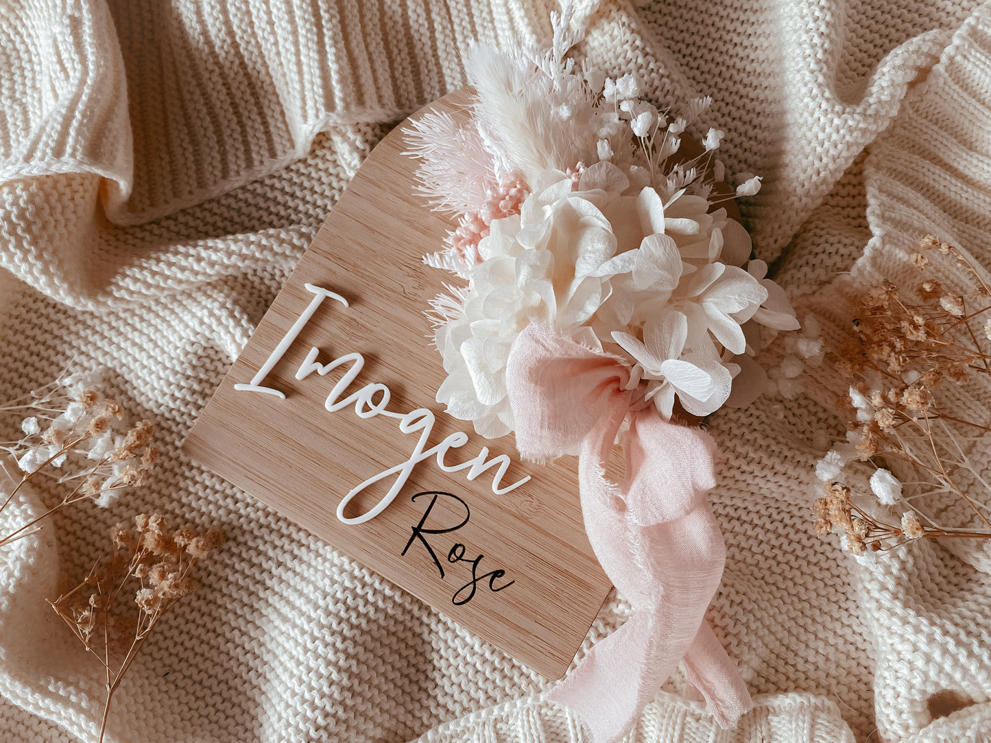 Wooden arch dried flower announcement sign with ribbon