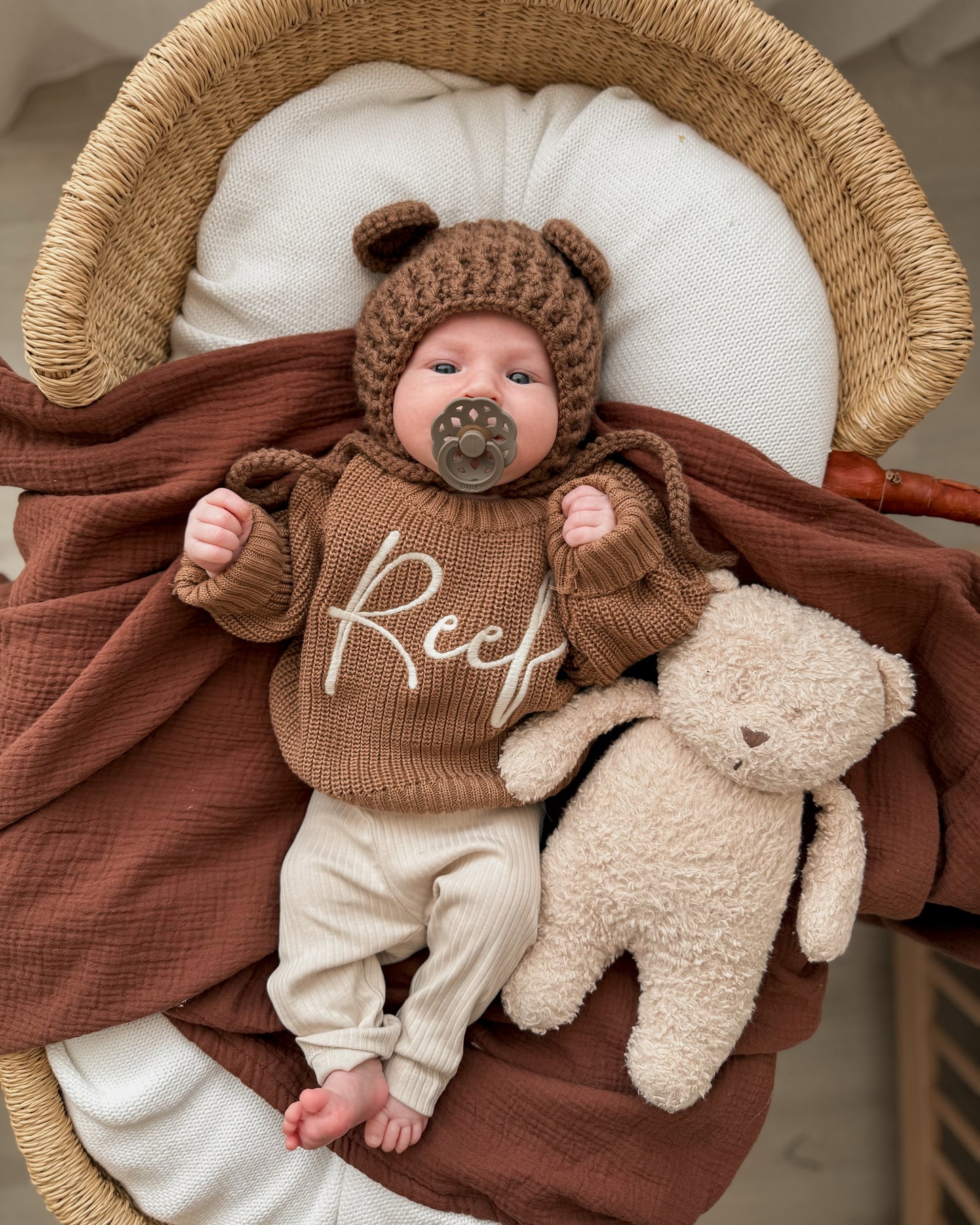 Personalised toffee brown newborn knit jumper