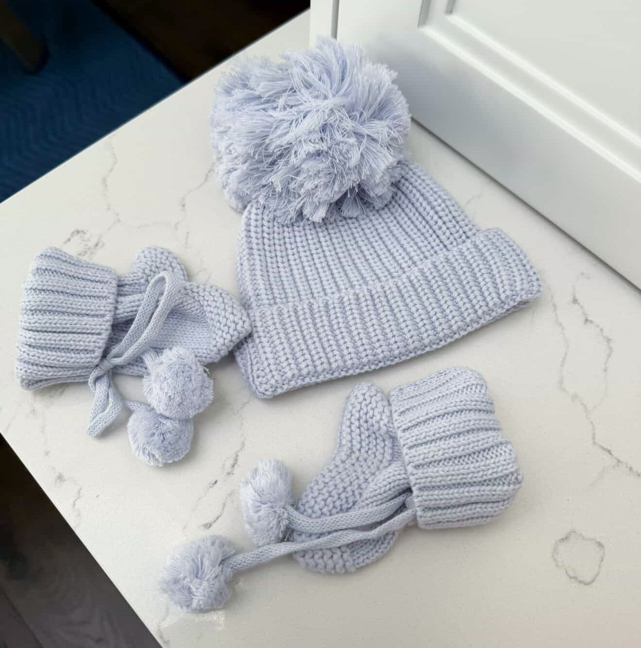 Dusty blue soft knit pompom baby booties