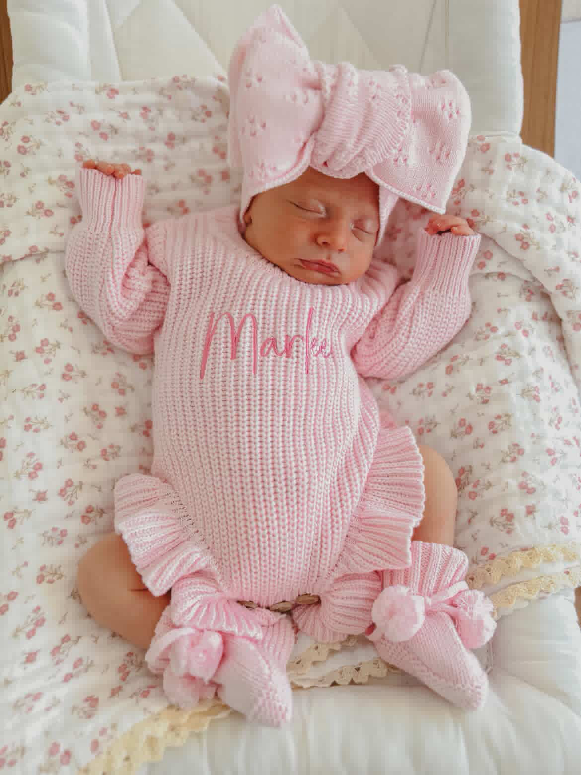 Pink newborn knit frill personalised announcement romper