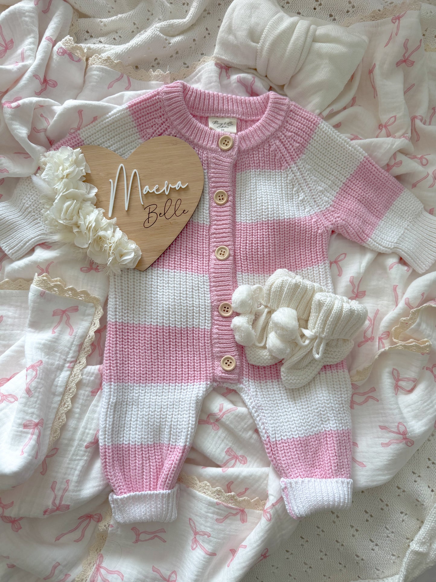 Candy pink and white stripe chunky knit romper