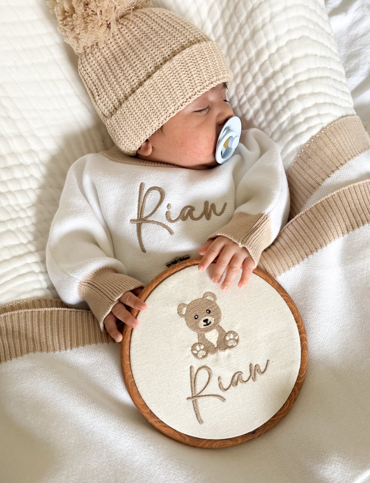 Teddy bear embroidery birth announcement sign