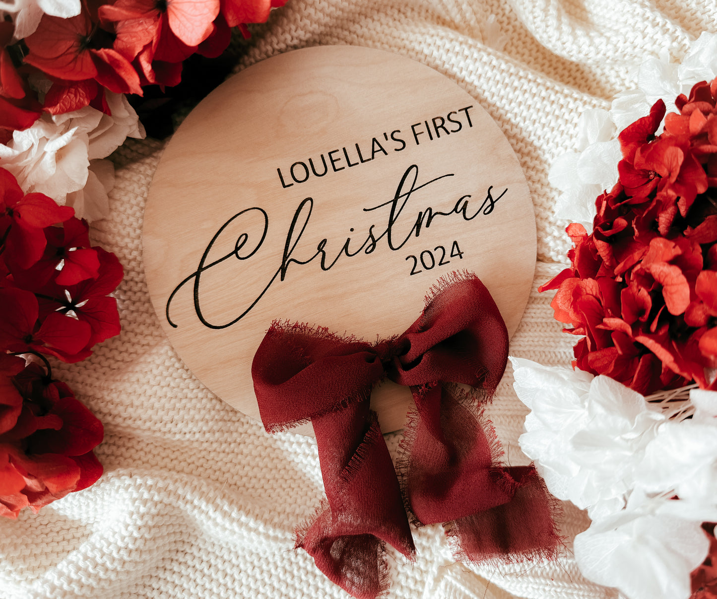 First Christmas 2025 personalised sign with ribbon