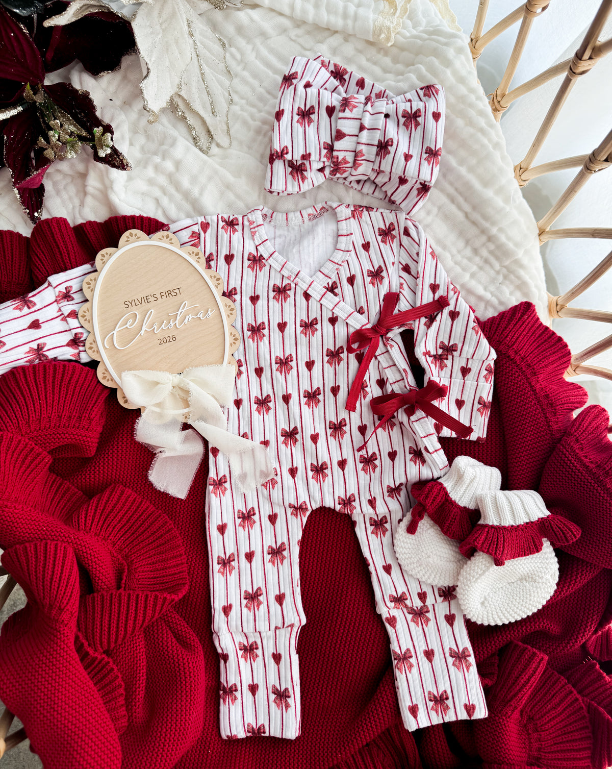 Christmas bow and heart kimono onesie