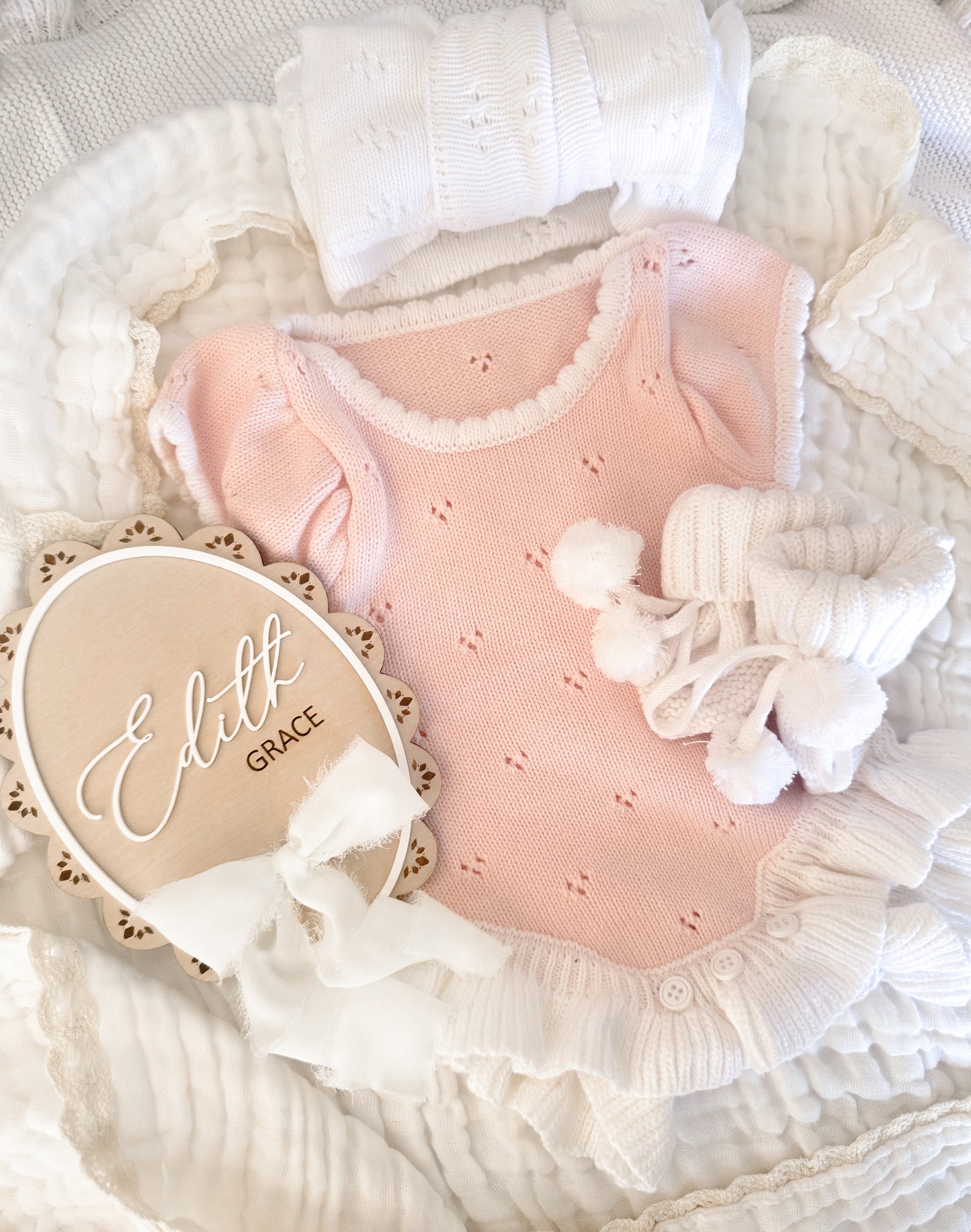 Pink pointelle baby girl announcement outfit