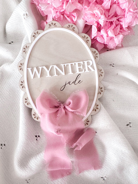 Vintage scallop edge with ribbon birth announcement