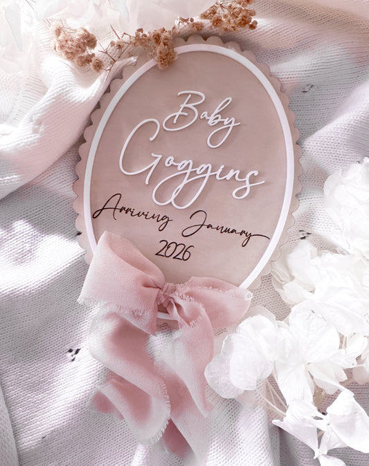 Scallop edge vintage pregnancy announcement sign with ribbon