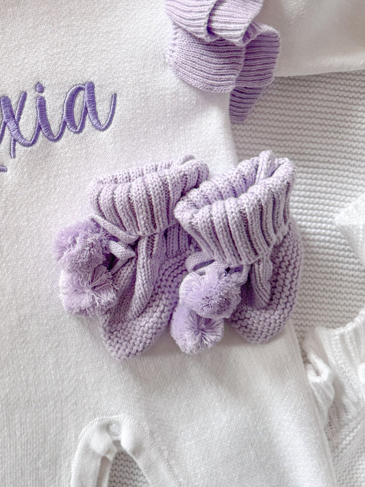 Lilac pompom knit baby booties
