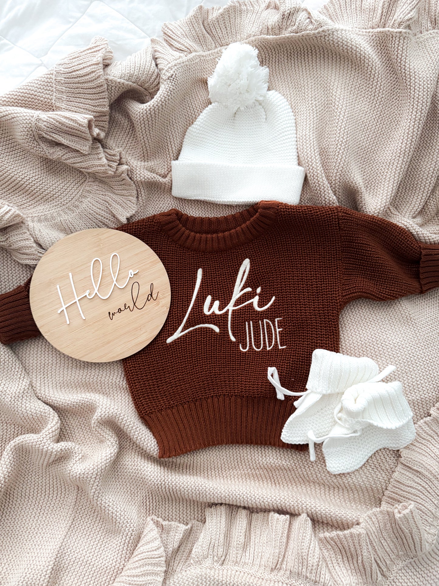 Neutral brown newborn personalised knit jumper