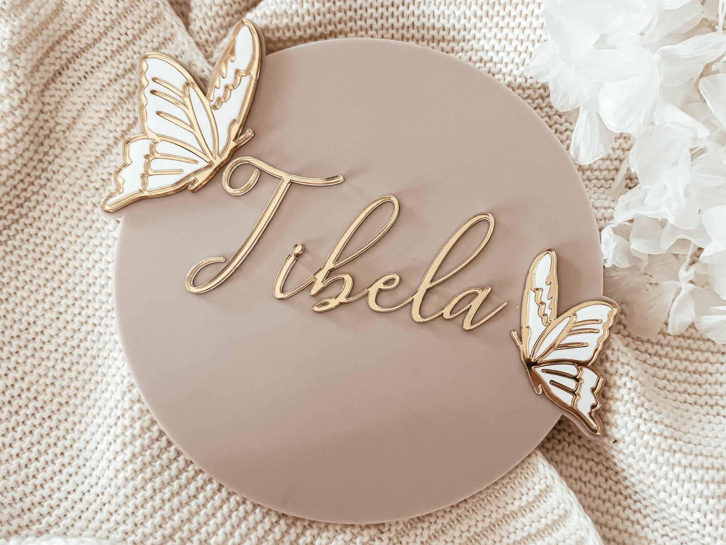 Butterfly latte and gold birth announcement sign