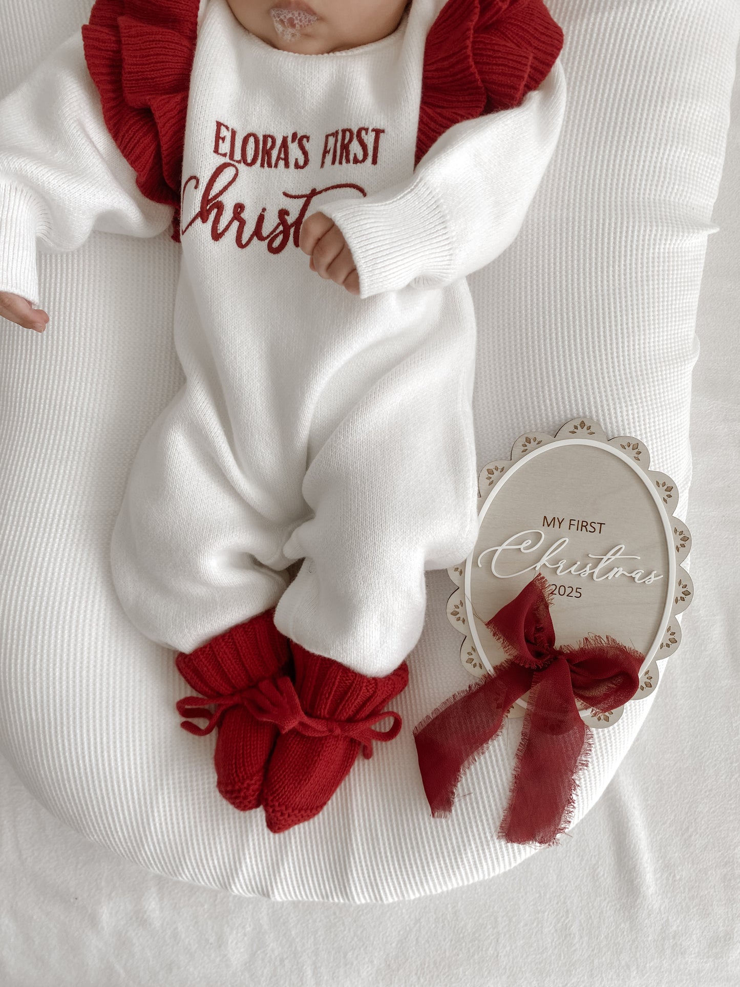 Christmas baby pompom booties red