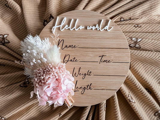 Hello world writeable dried floral disc BABY PINK and WHITE bunch