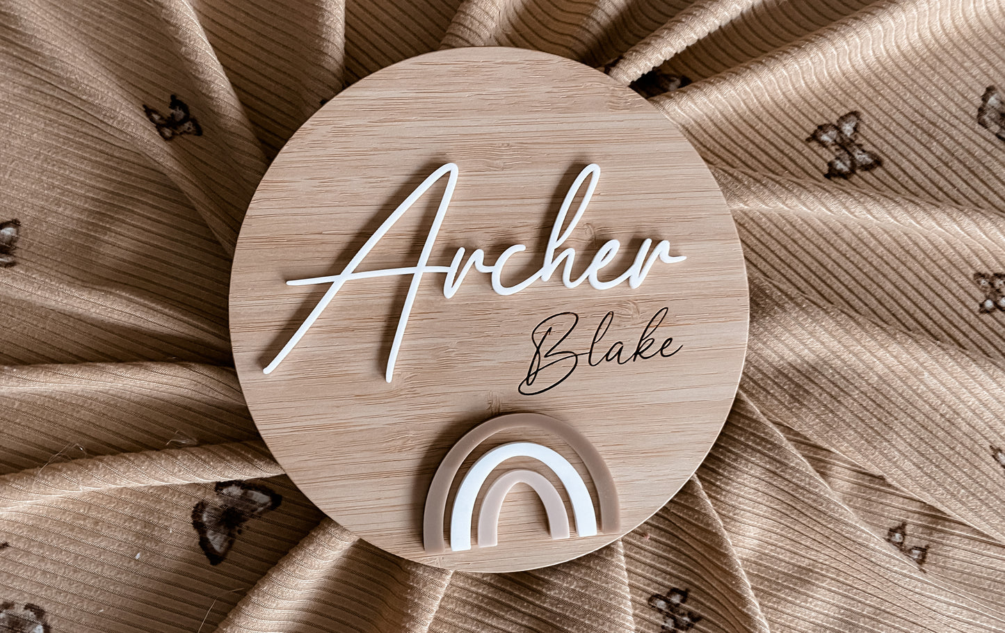 Personalised rainbow birth announcement disc