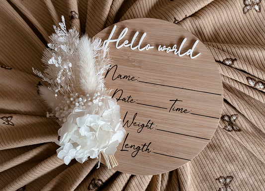 Dried floral writeable birth announcement hello world