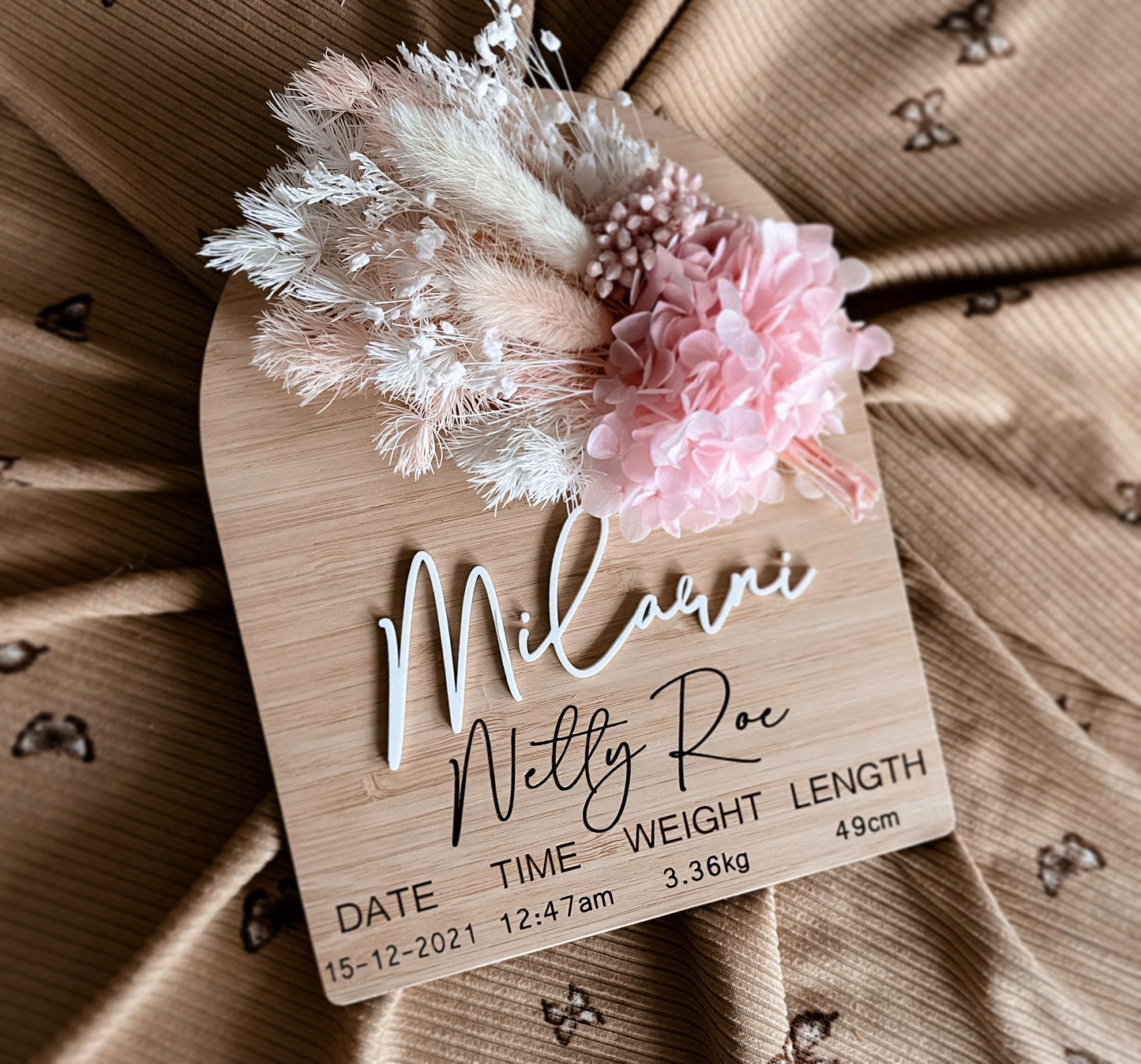 Dried floral birth detail keepsake pink bunch