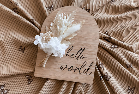 Hello world dried floral arch announcement