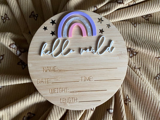 Rainbow writeable birth announcement purple and pink rainbow
