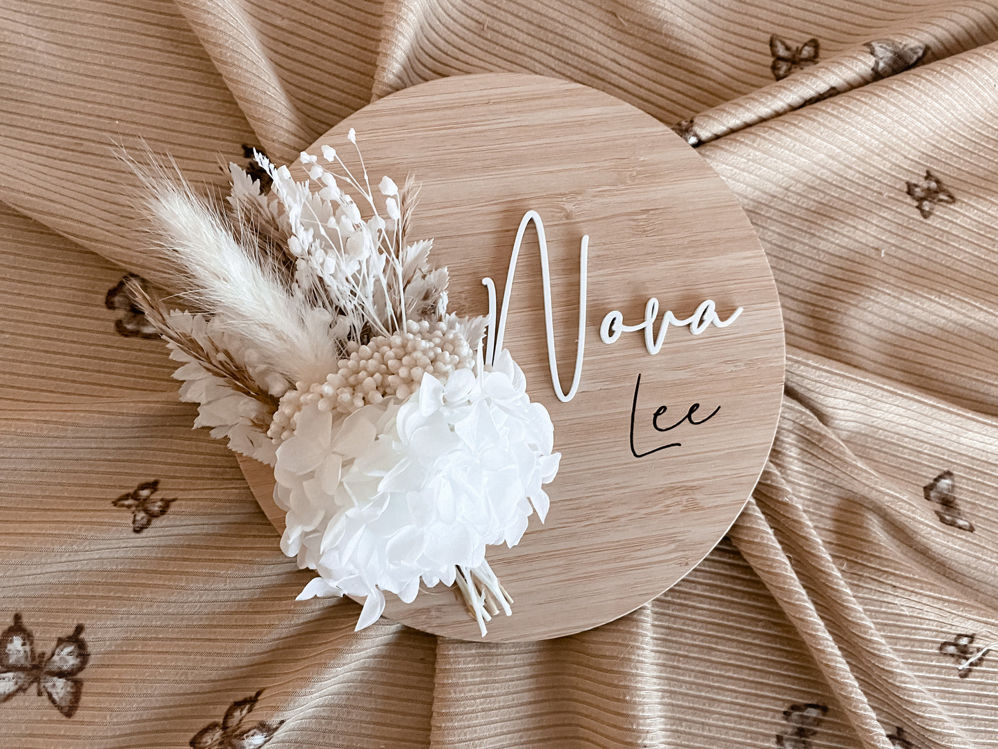 White and neutral dried floral birth announcement