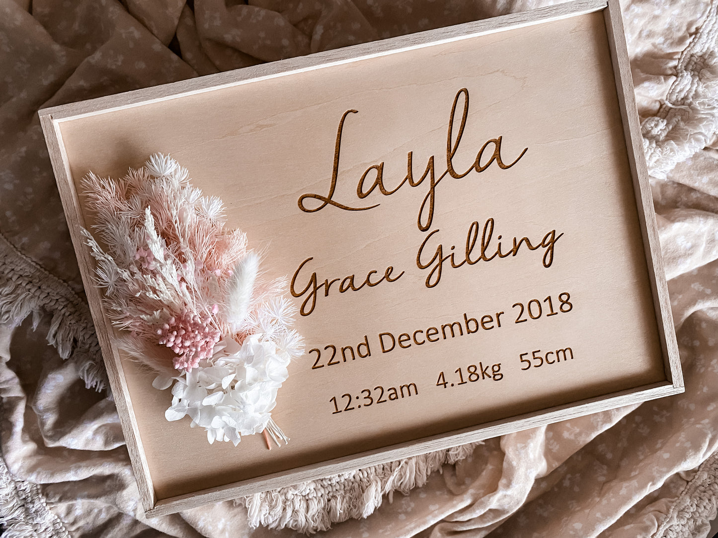 Dried floral birth detail keepsake box