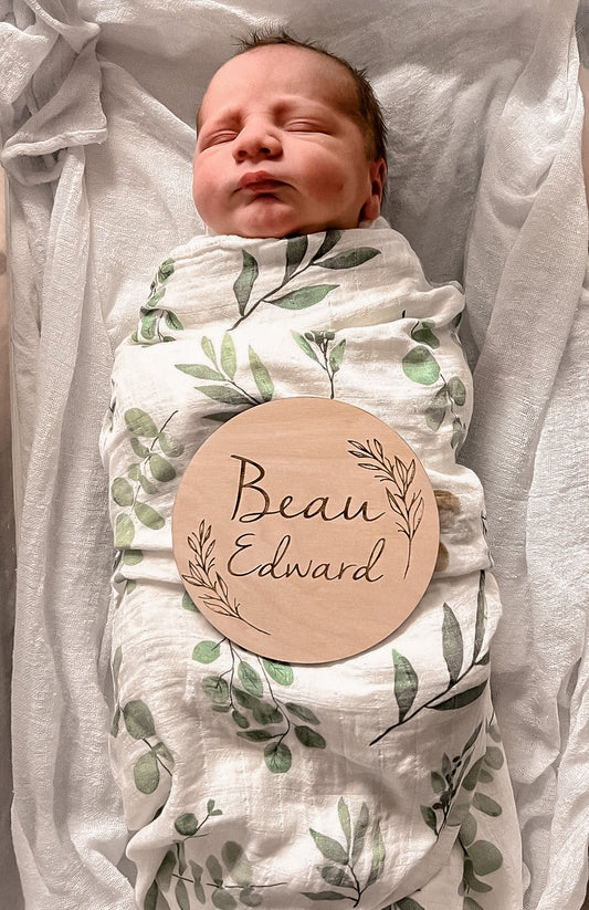 Engraved personalised birth announcement leaf pattern